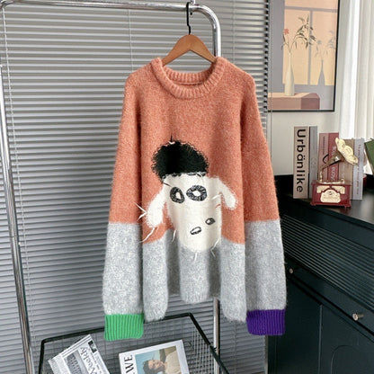 2025 Women’s Lazy Style Color-Block Jacquard Knit Sweater – Trendy Crewneck Pullover