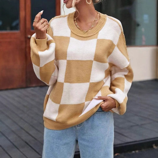 Women’s Plaid Knit Sweater | Loose Fit Crewneck Pullover · Casual Autumn Long Sleeve Top