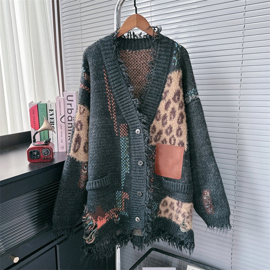 Autumn Winter 2025 Women’s Color-Block Leopard Knit Cardigan – Loose Lazy Oversized Sweater