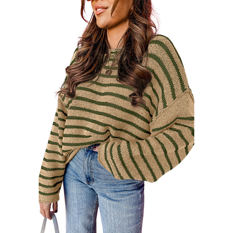 2025 Winter New Women’s Knit Sweater – Casual Loose Warm Pullover with Striped Patchwork Crewneck
