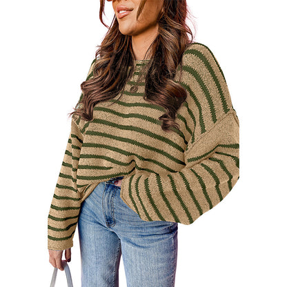 2025 Winter New Women’s Knit Sweater – Casual Loose Warm Pullover with Striped Patchwork Crewneck