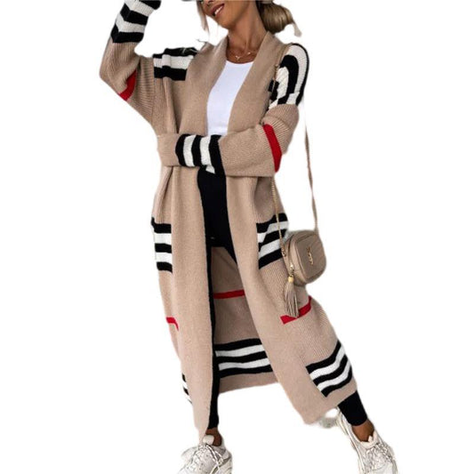 Women’s Long Striped Knit Cardigan | Oversized Loose Fit Long Sleeve Sweater Coat