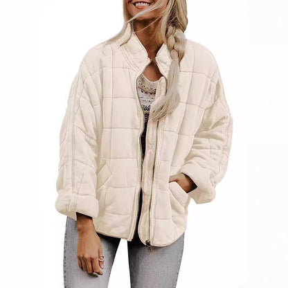 ✨ Solid Color Stand Collar Cotton Jacket for Women – Loose Fit Long Sleeve Pocket Coat