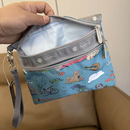 Cartoon women's hand rope, hand bag, two zippers, cosmetic bag, change bag, mobile phone bag.