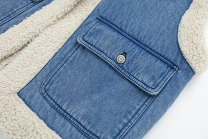 Women’s Sherpa Vest – Autumn Winter Cotton Faux Leather Moto Lambswool Open-Front Gilet