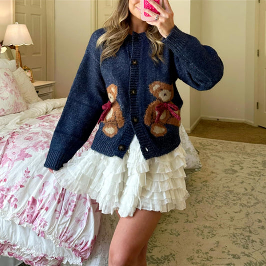 2025 Y2K Bear Knit Cardigan | Women’s Cute Sweater Jacket Aesthetic Fashion Outfit