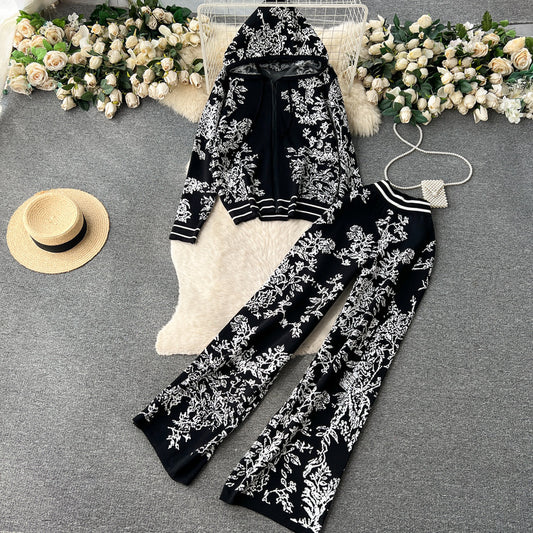 Women’s Fashion Knit Set | Spring Fall Hoodie & Wide-Leg Pants Two-Piece Outfit