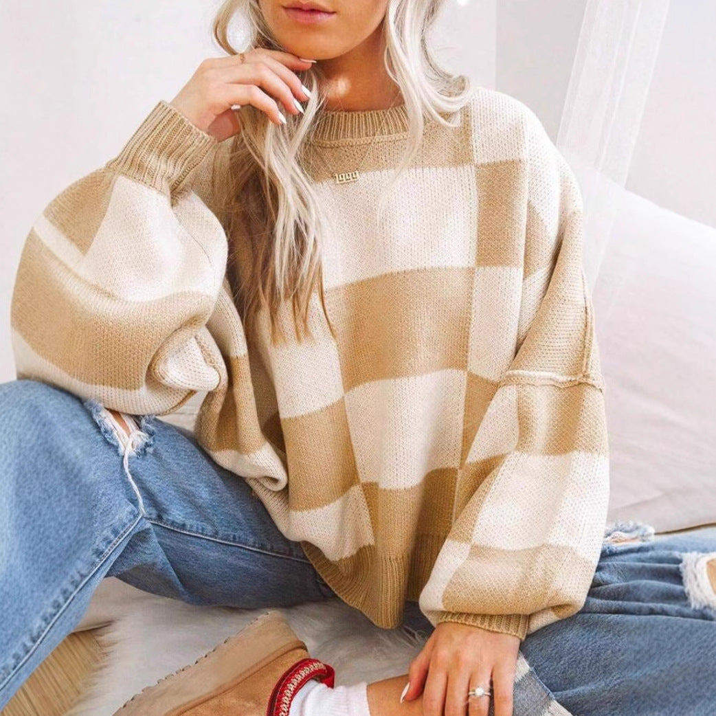 Women’s Plaid Knit Sweater | Loose Fit Crewneck Pullover · Casual Autumn Long Sleeve Top