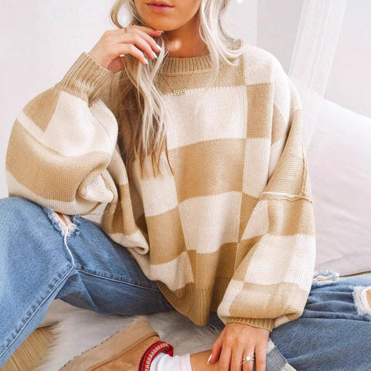Women’s Plaid Knit Sweater | Loose Fit Crewneck Pullover · Casual Autumn Long Sleeve Top
