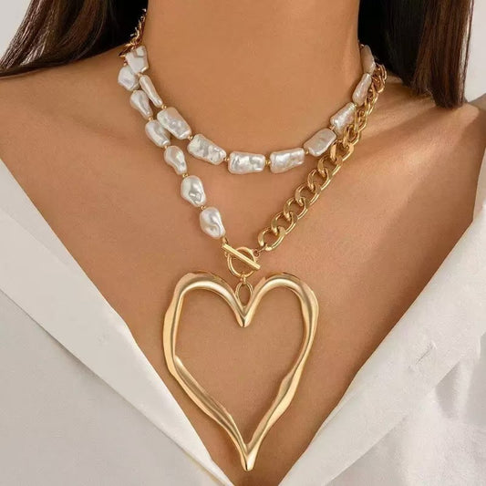 Sweet Cute Heart Beaded Necklace | Double Layer Baroque Faux Pearl Statement Jewelry