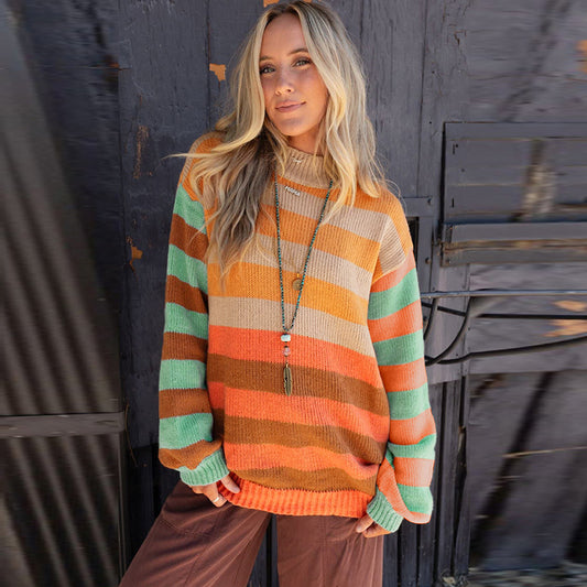 2025 Fall/Winter New Women’s Crewneck Long Sleeve Sweater – Casual Long Colorblock Pullover