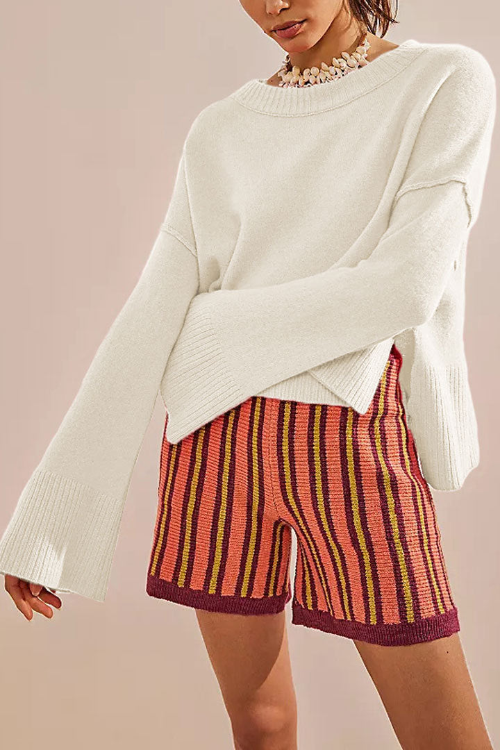 2025 Fall Winter Solid Color Knit Sweater | Women’s Fashion Crew Neck Pullover with Flared Sleeves