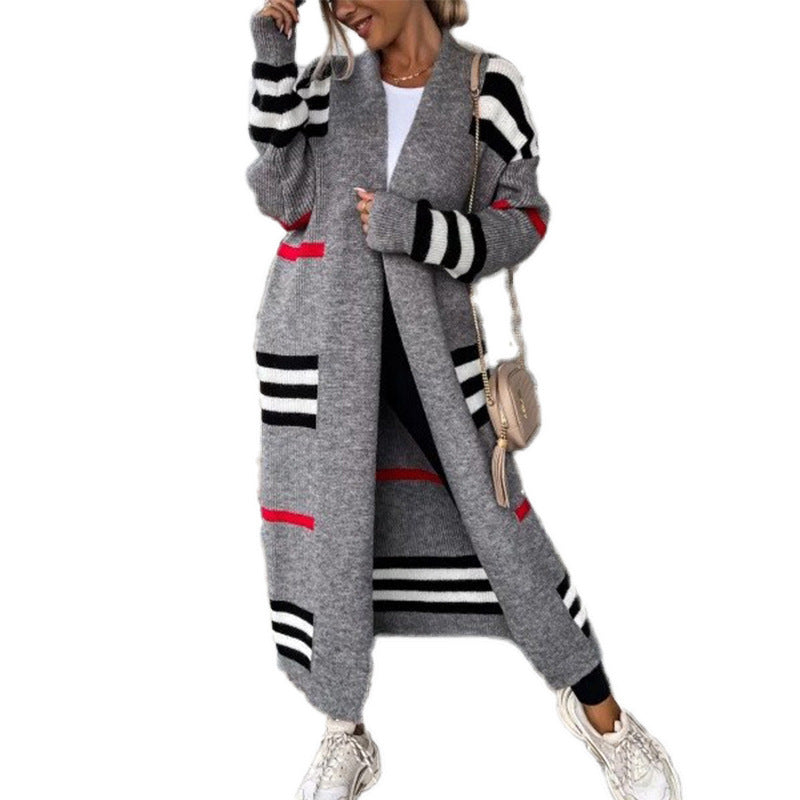Women’s Long Striped Knit Cardigan | Oversized Loose Fit Long Sleeve Sweater Coat