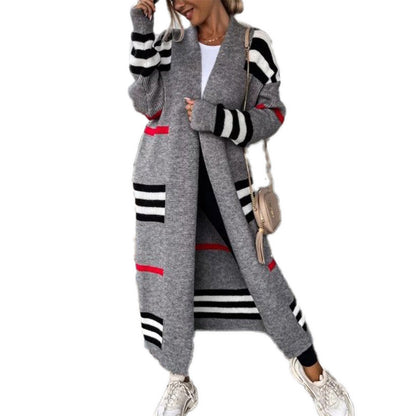 Women’s Long Striped Knit Cardigan | Oversized Loose Fit Long Sleeve Sweater Coat