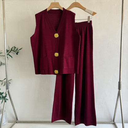Women’s Gold Button V-Neck Knit Two-Piece Set | Loose Knit Sweater & Pants