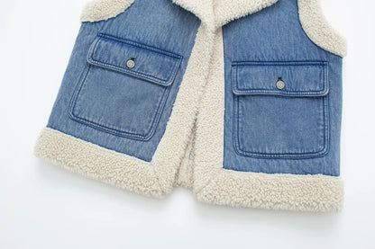 Women’s Sherpa Vest – Autumn Winter Cotton Faux Leather Moto Lambswool Open-Front Gilet