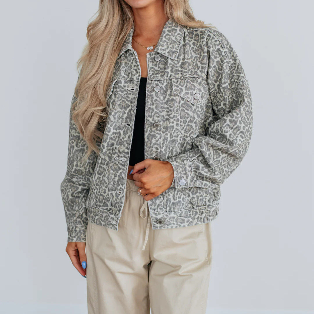Vintage Washed Leopard Print Denim Jacket | Women’s Loose Fit Retro Jean Coat with Pockets