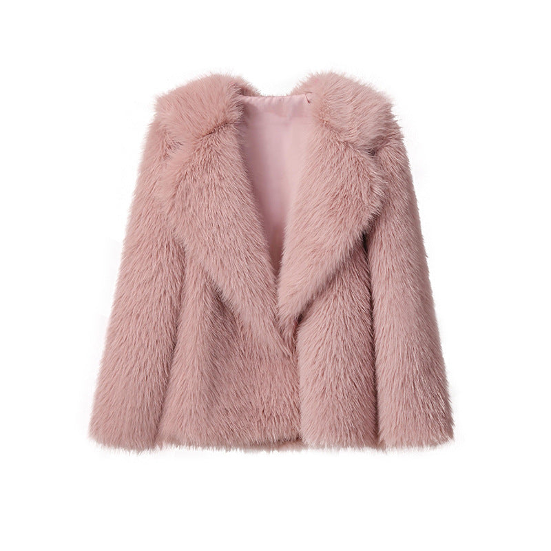 Women’s Faux Fur Coat – Autumn Winter Wide Collar Mid-Length Jacket, Loose Fit Outerwear