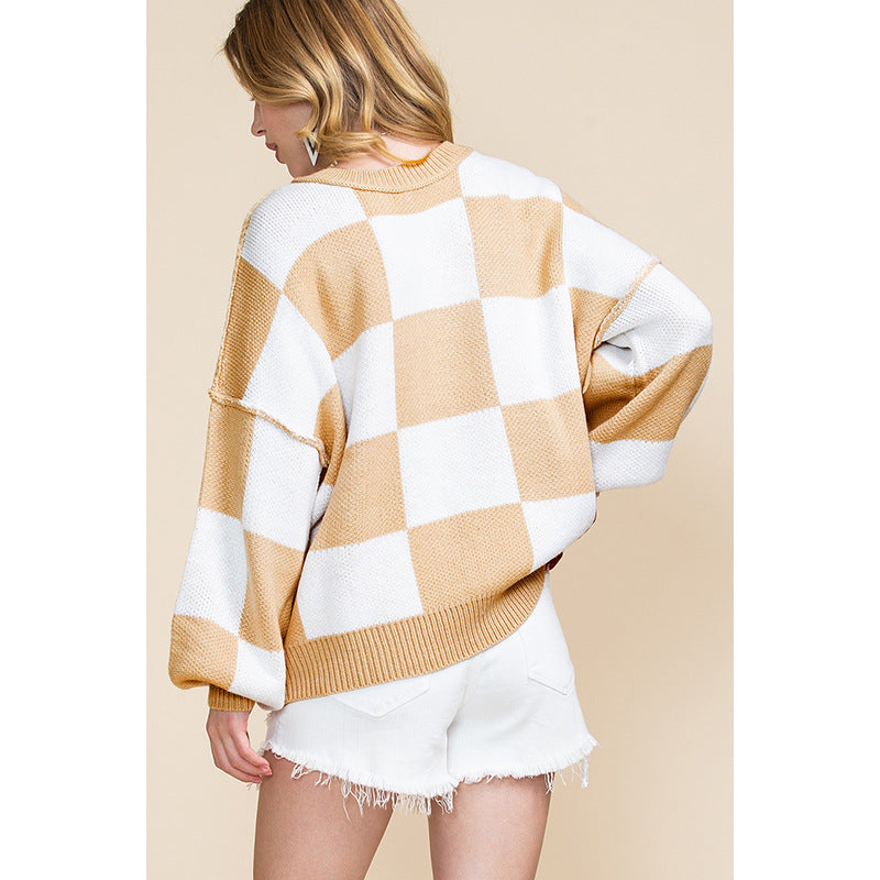 Autumn 2025 Women’s Plaid Long Sleeve Sweater – Casual Warm Pullover Knit Top