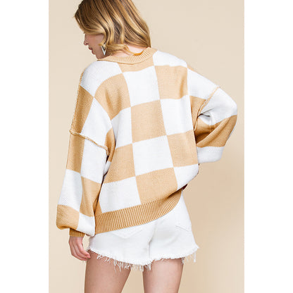 Autumn 2025 Women’s Plaid Long Sleeve Sweater – Casual Warm Pullover Knit Top
