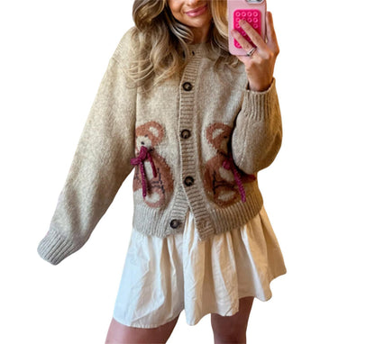 2025 Y2K Bear Knit Cardigan | Women’s Cute Sweater Jacket Aesthetic Fashion Outfit
