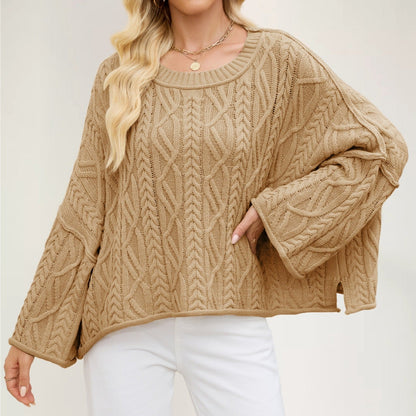 2025 Women’s Autumn Winter Knit Sweater – Round Neck Short Loose Cable Knit Pullover