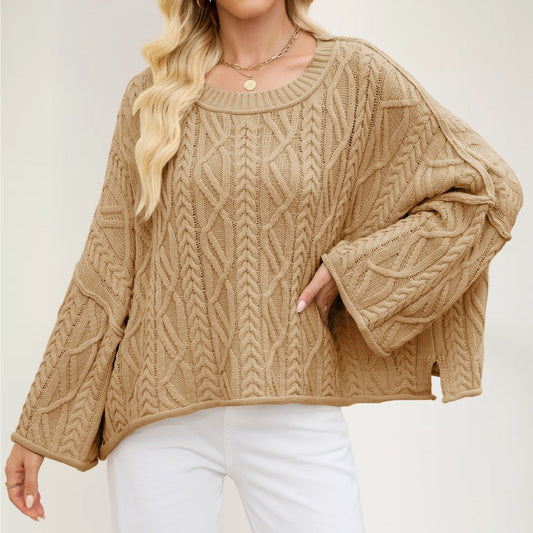 2025 Women’s Autumn Winter Knit Sweater – Round Neck Short Loose Cable Knit Pullover