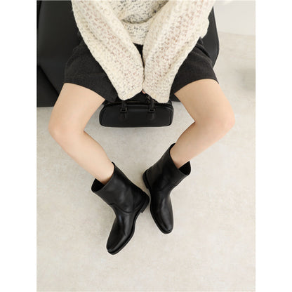 2025 Women’s Minimalist Cowhide Mid-Calf Boots – Pointed Toe Slip-On Flat Martin Boots, Autumn Winter