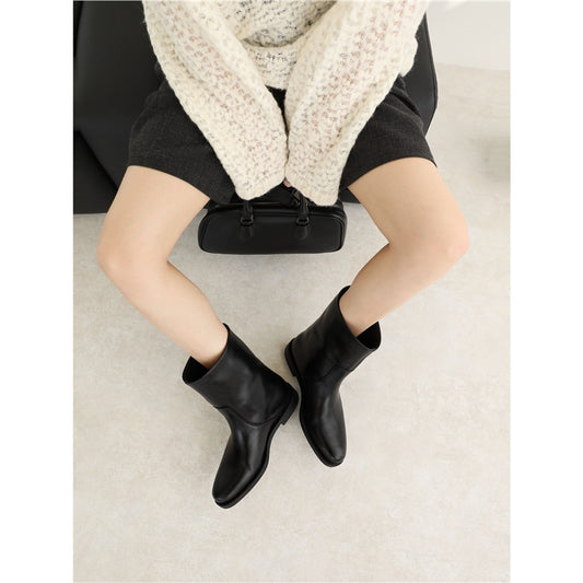 2025 Women’s Minimalist Cowhide Mid-Calf Boots – Pointed Toe Slip-On Flat Martin Boots, Autumn Winter