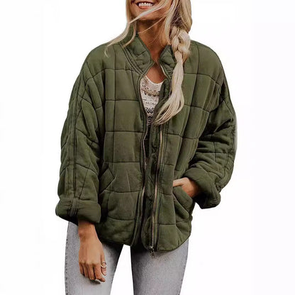 ✨ Solid Color Stand Collar Cotton Jacket for Women – Loose Fit Long Sleeve Pocket Coat