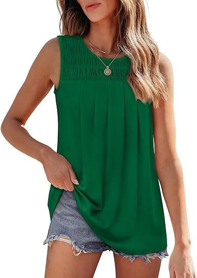 Women’s Pleated Sleeveless Tank Top – Summer Loose Fit Round Neck Blouse