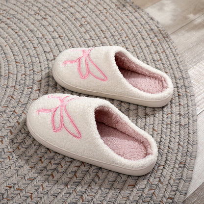 Pink Heart Bow Winter Plush Slippers for Women – Warm Fleece Indoor House Shoes, Soft Cozy Cotton Slides