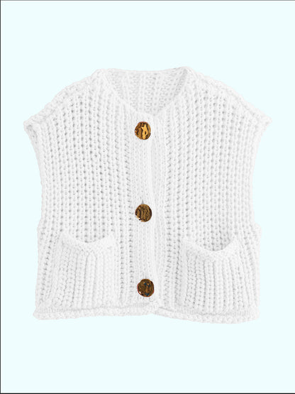Women’s Chunky Knit Sleeveless Vest | V-Neck Fashionable Short Sweater Top