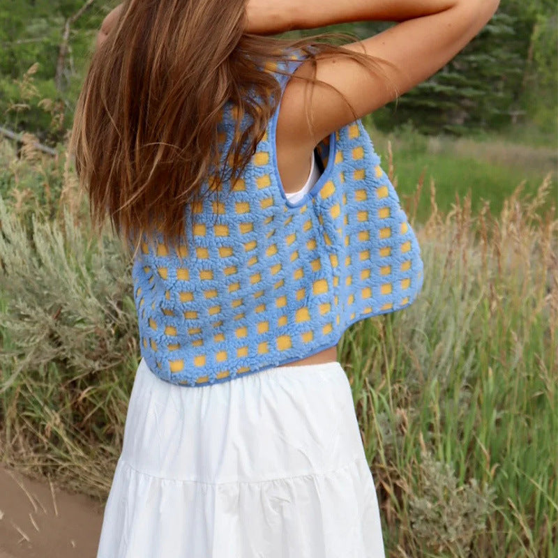Plaid Fleece Vest for Women | New Sleeveless Stand Collar Vest