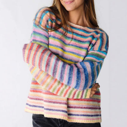 Women’s Rainbow Striped Sweater – Cozy Korean-Style Autumn Winter Knit Pullover, Soft & Elegant Oversized Look