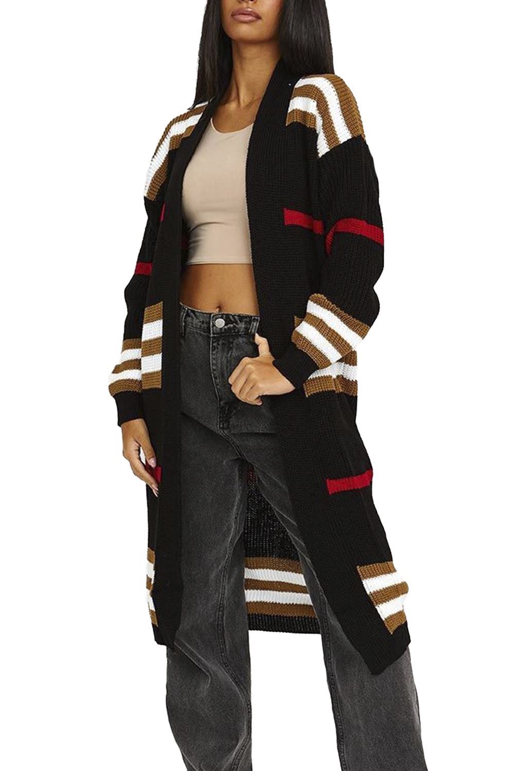 Women’s Long Striped Knit Cardigan | Oversized Loose Fit Long Sleeve Sweater Coat