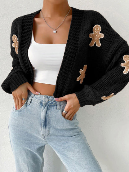 ✨ Cute Gingerbread Pattern Knit Cardigan for Women – Short Sweater Jacket Spring Autumn