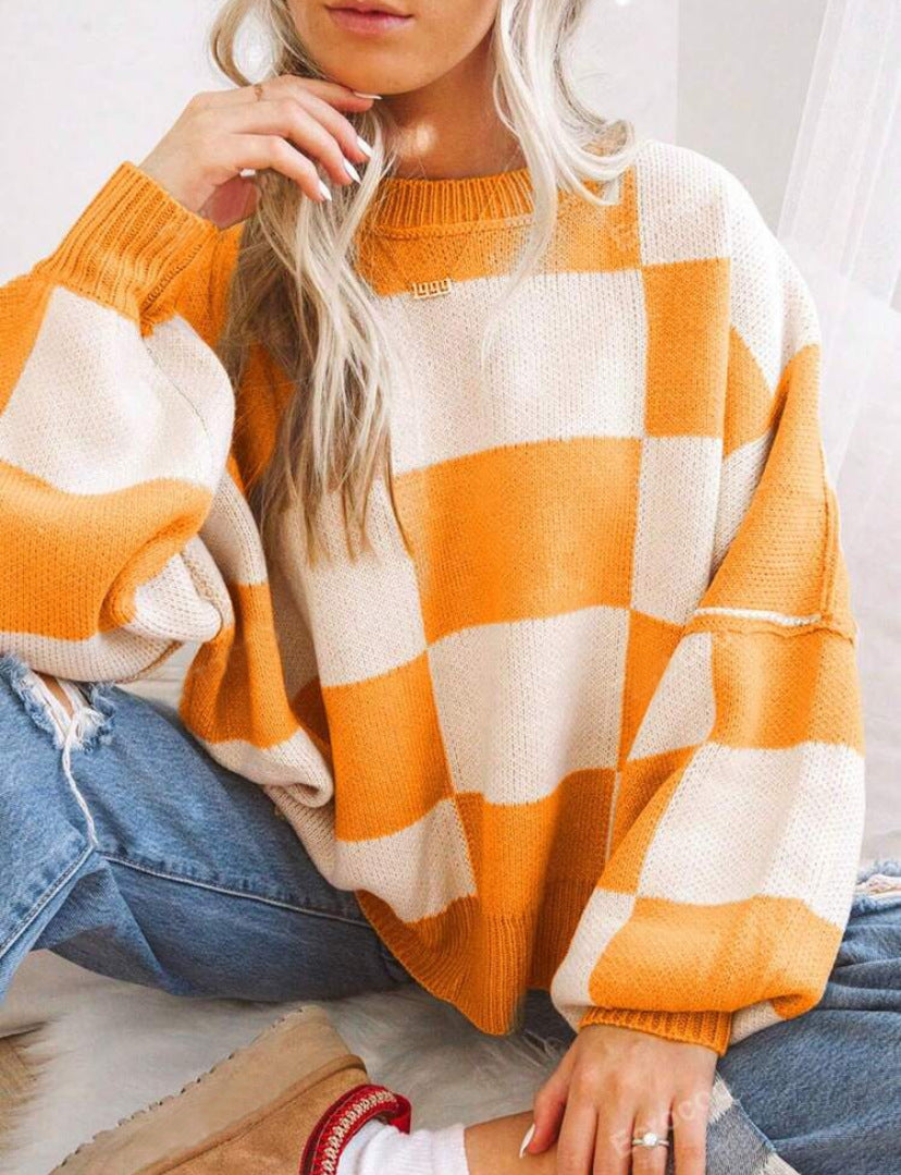 Women’s Plaid Knit Sweater | Loose Fit Crewneck Pullover · Casual Autumn Long Sleeve Top