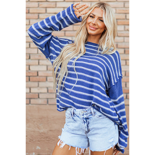 2025 Winter New Women’s Knit Sweater – Casual Loose Warm Pullover with Striped Patchwork Crewneck