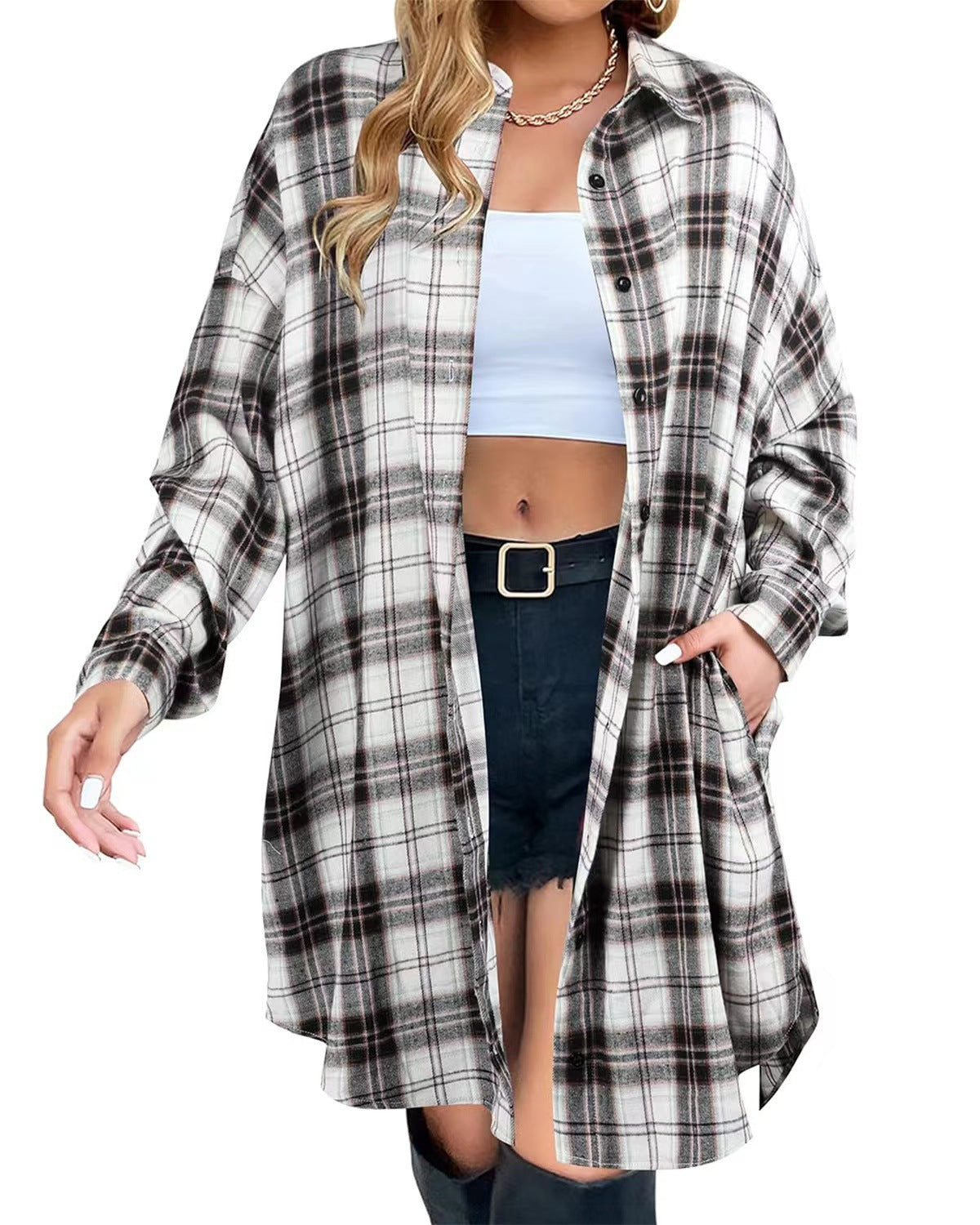 Women’s Long Sleeve Plaid Shirt | Mid-Length Casual Top with Pockets
