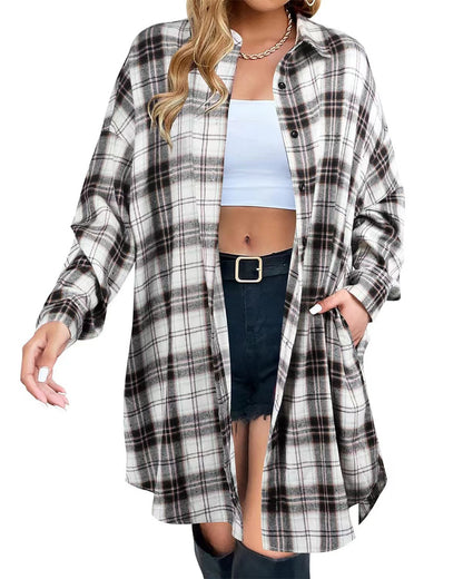 Women’s Long Sleeve Plaid Shirt | Mid-Length Casual Top with Pockets