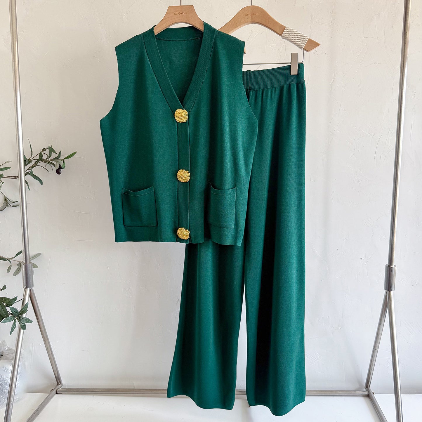 Women’s Gold Button V-Neck Knit Two-Piece Set | Loose Knit Sweater & Pants