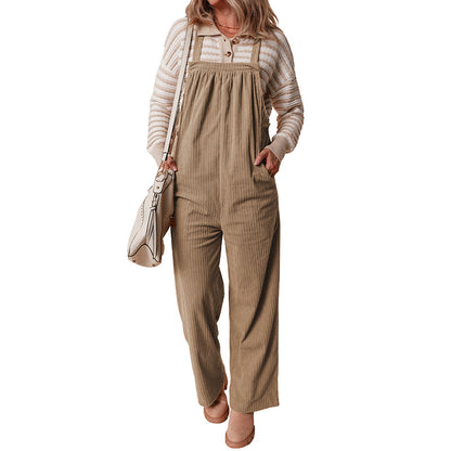 Autumn 2025 Women’s Corduroy Overalls – Solid Color Multi-Pocket Jumpsuit