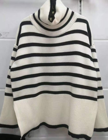 Striped High Neck Sweater for Women | 2025 Spring & Autumn Loose Knit Pullover with Unique Design