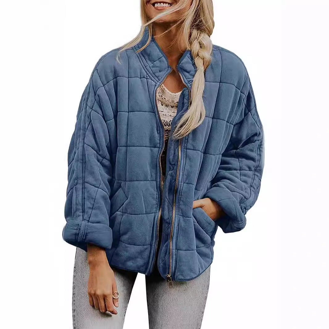 ✨ Solid Color Stand Collar Cotton Jacket for Women – Loose Fit Long Sleeve Pocket Coat