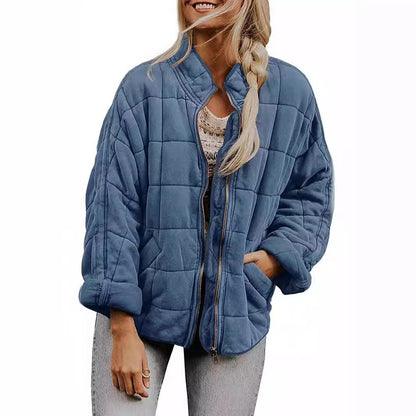 ✨ Solid Color Stand Collar Cotton Jacket for Women – Loose Fit Long Sleeve Pocket Coat