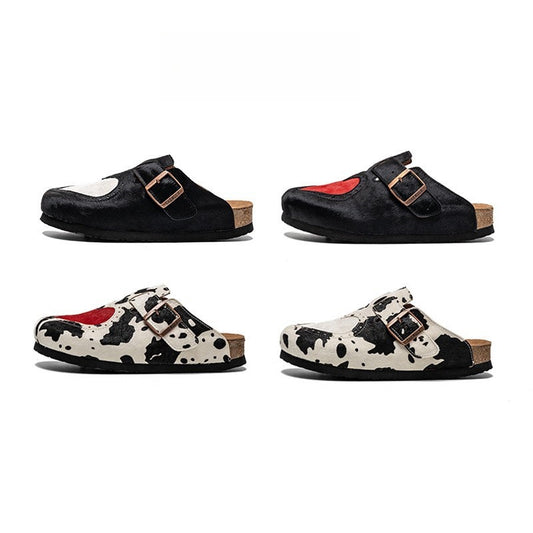 Women’s Fur Birkens Style Mules – Heart Design Flat Slip-On Loafers, Casual Outdoor Shoes