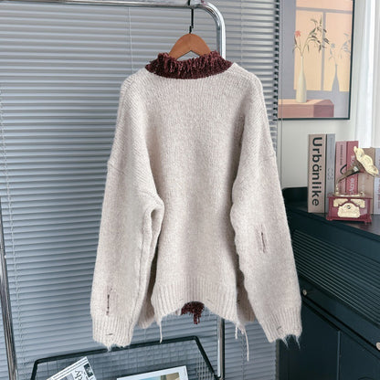 Autumn Winter 2025 Women’s Vintage Leopard V-Neck Cardigan – Loose Distressed Knit Sweater
