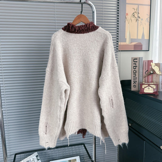 Autumn Winter 2025 Women’s Vintage Leopard V-Neck Cardigan – Loose Distressed Knit Sweater