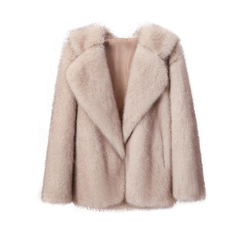 Women’s Faux Fur Coat – Autumn Winter Wide Collar Mid-Length Jacket, Loose Fit Outerwear